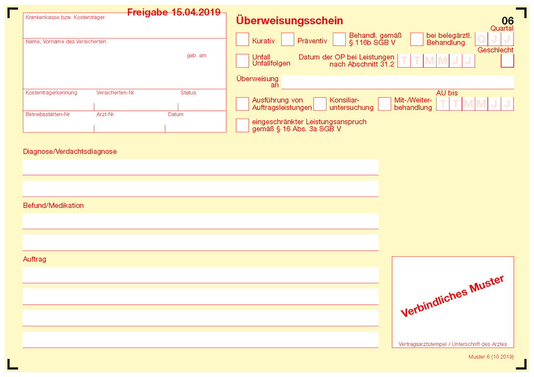 Die Grafik zeigt einen Überweisungsschein (Muster 6)