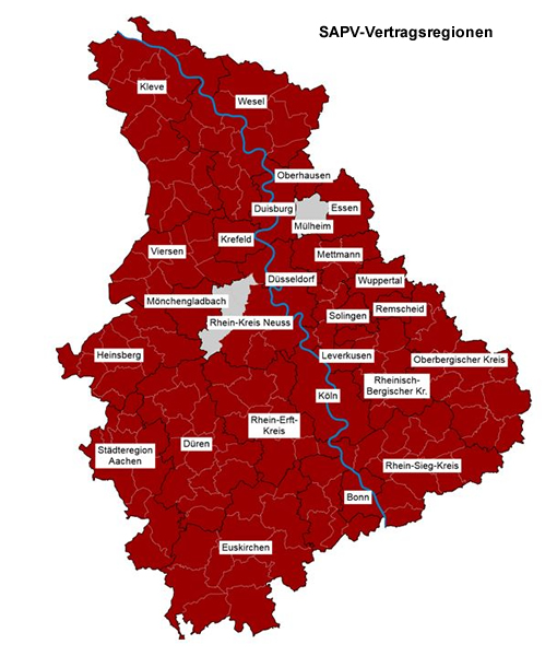 Die Karte zeit die Regionen, in denen Verträge mit Palliative Care Teams abgeschlossen werden konnten.